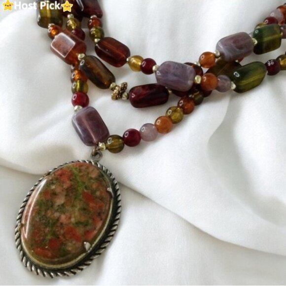 Vintage Jewelry - LAST CHANCE -RE-LISTING AT $48 TOMORROW Vtg Unakite Pendant Lucite Bead Necklace